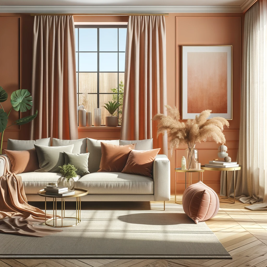 DALLE 2023 12 09 13.24.41   A stylish living room interior featuring Peach Fuzz the top color of 2024 according to Pantone. The room includes a comfortable sofa elegant curta