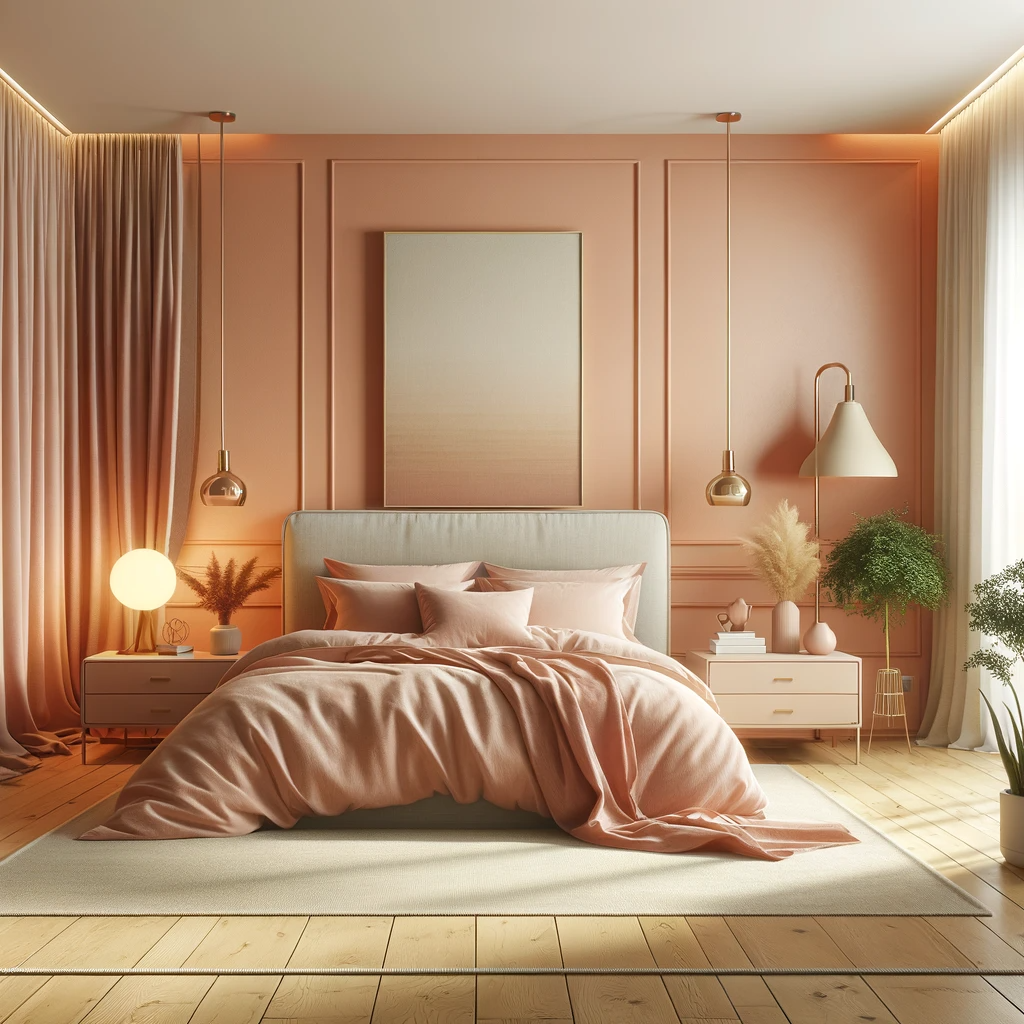 DALLE 2023 12 09 13.26.15   A serene bedroom interior designed with Peach Fuzz the Pantone color of 2024. The room features a plush bed with Peach Fuzz colored beddings and cu