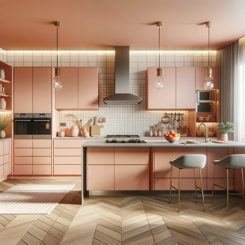 DALLE 2023 12 09 13.28.00   A contemporary kitchen interior design featuring Peach Fuzz the Pantone color of 2024. The kitchen has sleek cabinetry and a central island in shad