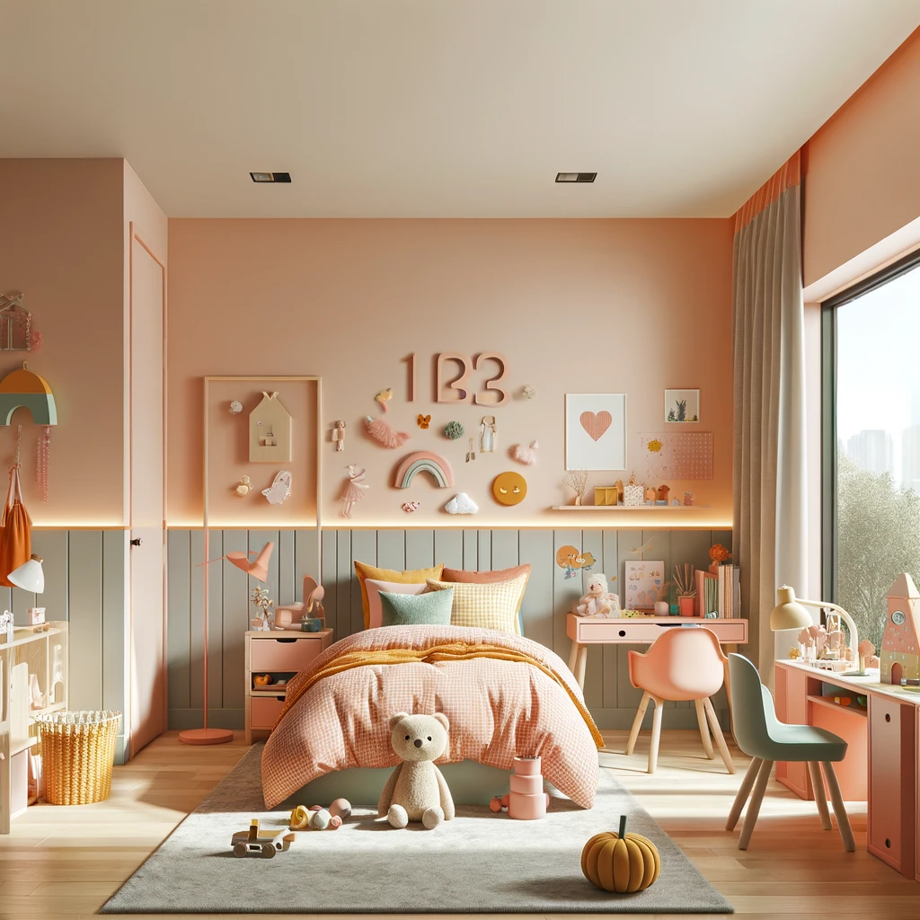 DALLE 2023 12 09 13.28.38   A playful and cheerful childrens bedroom interior featuring Peach Fuzz the Pantone color of 2024. The room includes a cozy bed with Peach Fuzz bed