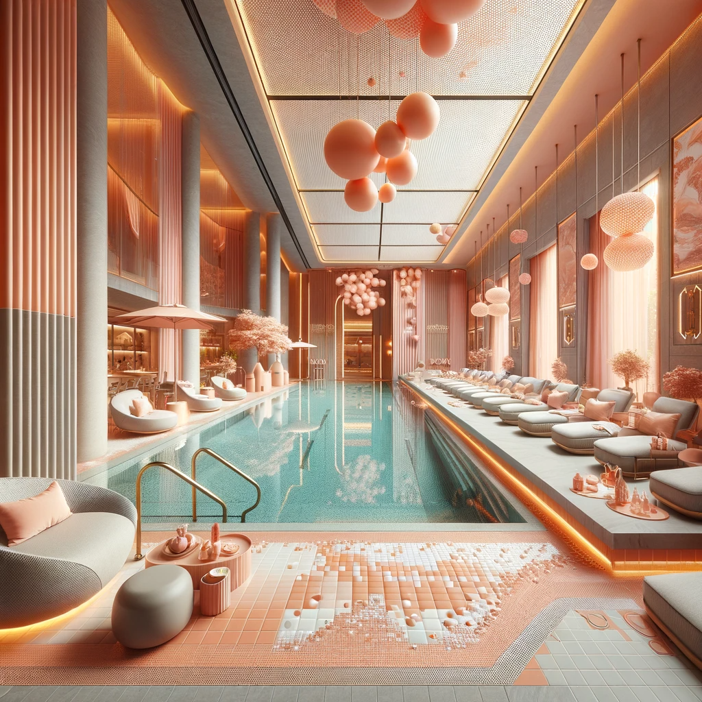 DALLE 2023 12 09 13.30.54   A luxurious indoor swimming pool area with Peach Fuzz accents the Pantone color of 2024. The pool area features sleek modern design elements with 