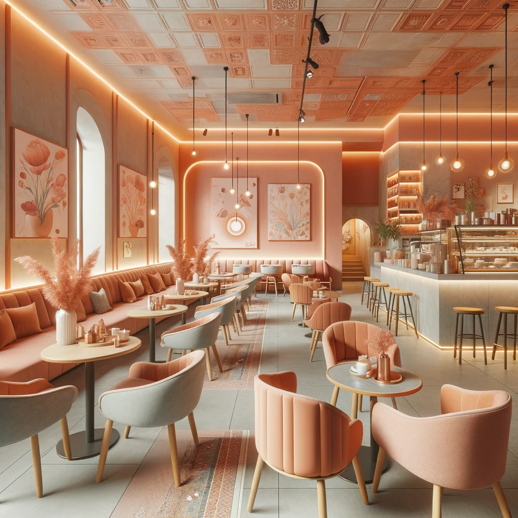 DALLE 2023 12 09 13.32.18   A cozy and trendy cafe interior featuring Peach Fuzz the Pantone color of 2024. The cafe has a welcoming atmosphere with walls painted in Peach Fuz