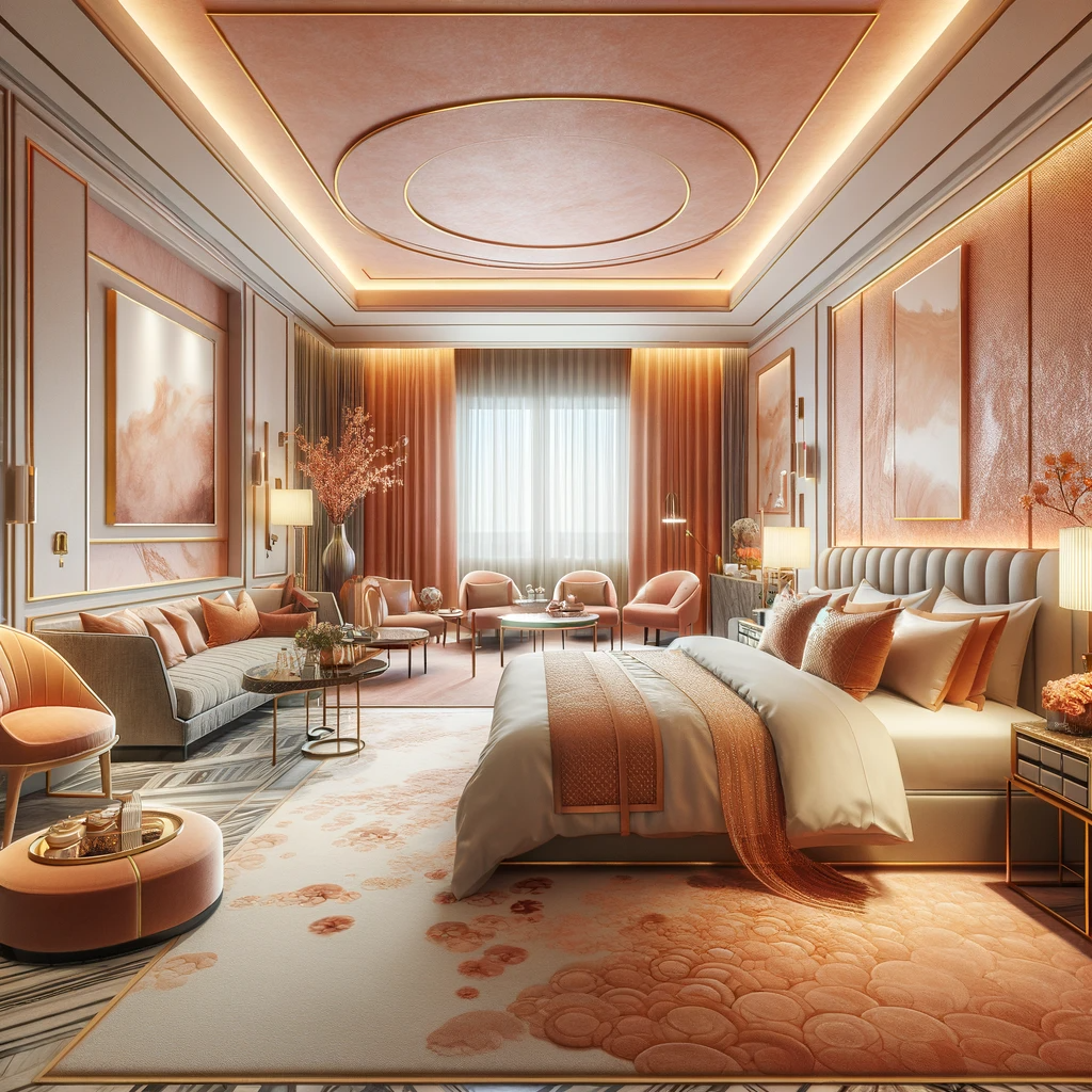 DALLE 2023 12 09 13.34.02   An elegant hotel room interior designed with Peach Fuzz the Pantone color of 2024. The room features a luxurious bed with high quality Peach Fuzz b